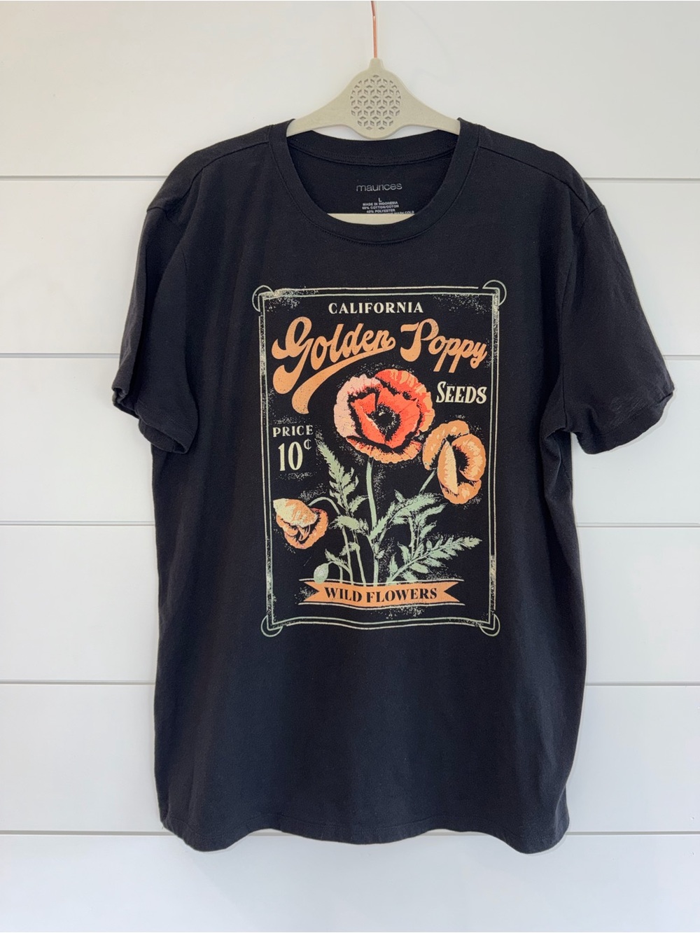 Maurices California Golden Poppy Seed Graphic Tee Shirt L Large Vintage Boho GUC